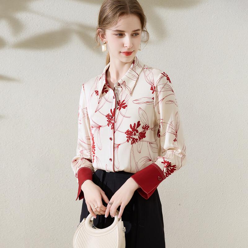 TUHUANG Women s Mulberry Silk Chinese Style Sketch Print Lapel Shirt M
