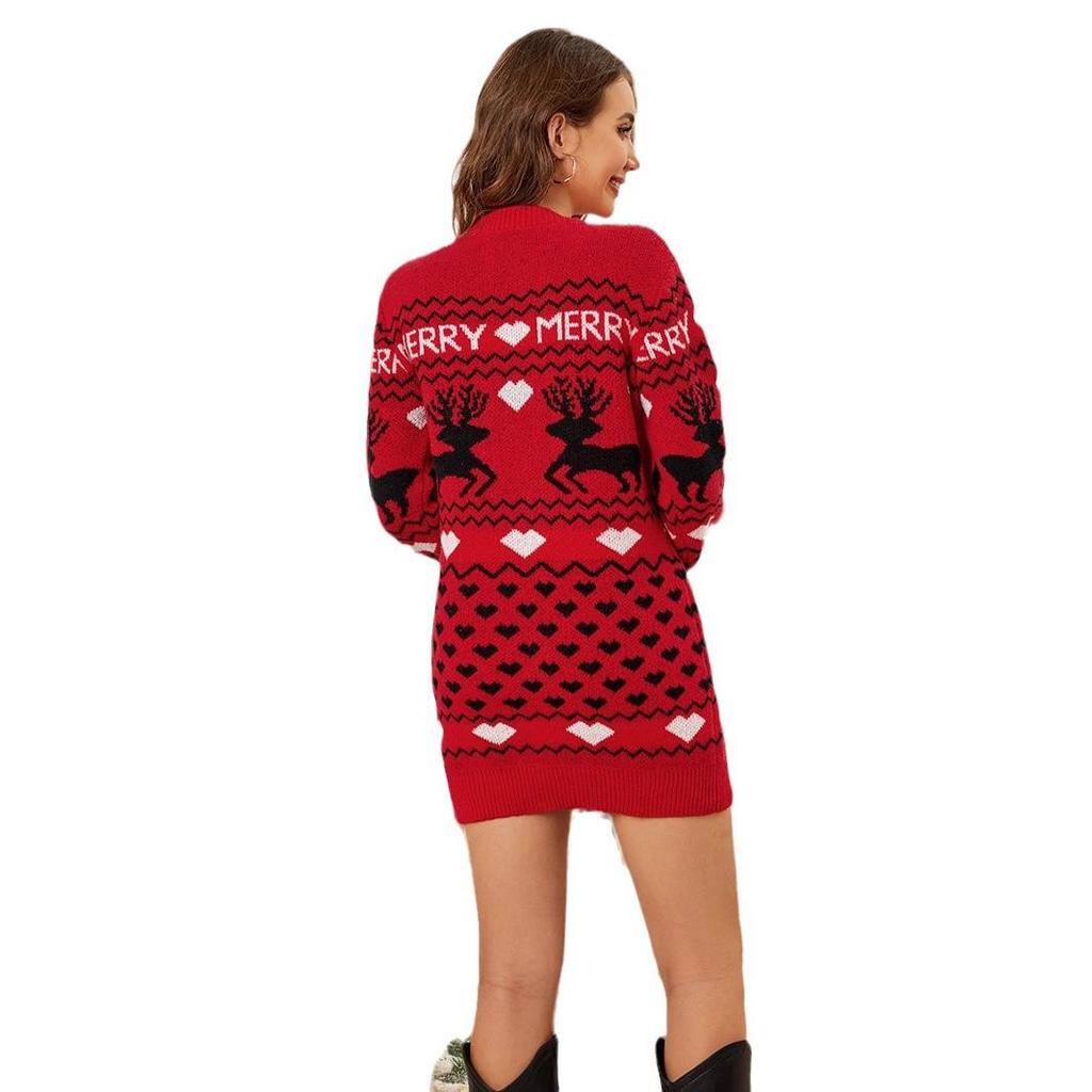Women's Slim-fit Reindeer Jacquard Knitted Christmas Sweater Dress - 2024 Autumn/Winter Collection