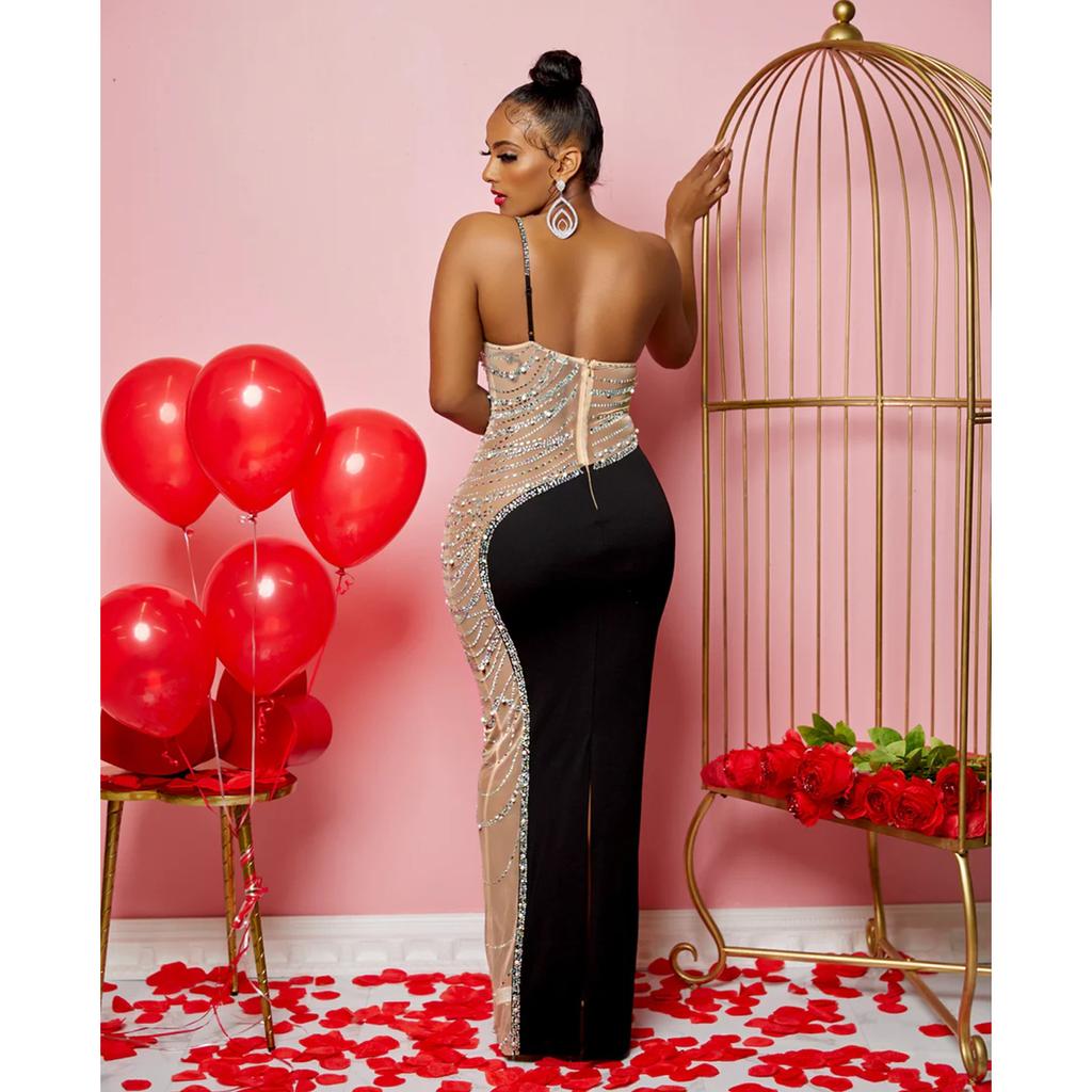 Women Sexy Chic Shiny Rhinestone Long Dress Elegant Back Slim Dresses Fashion Party Club Evening