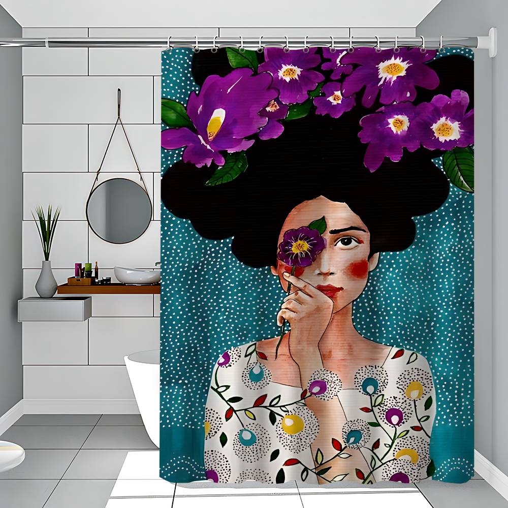 Abstract Girl Hair Flower Bird 1PC Printed Shower Curtain Waterproof Washable With 12 Hooks Bathroom Shower Home Use
