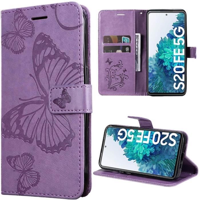 Coque de protection - BOOLING - pour Samsung Galaxy S20 FE - Cuir Synthétique Violet - Motif Papillon