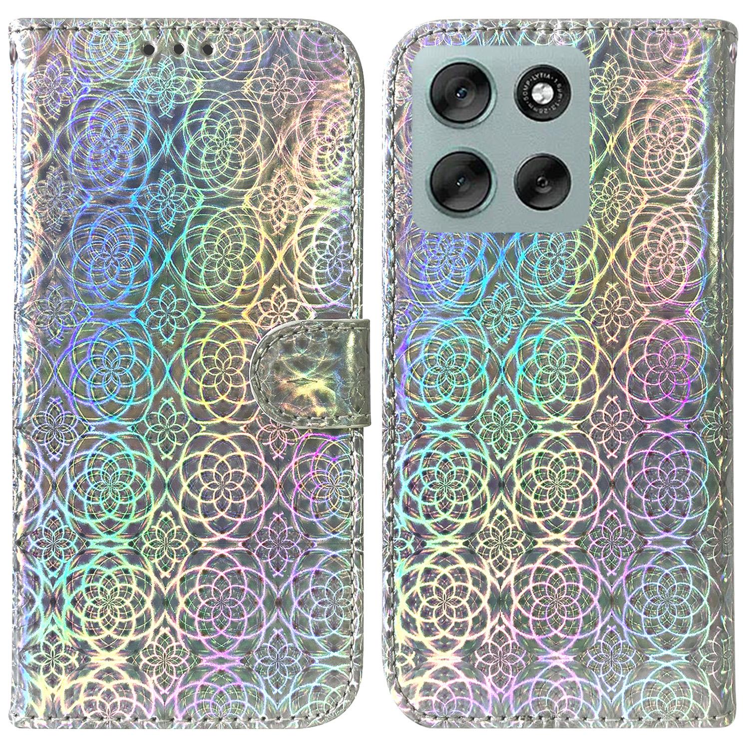 

Чехол-подставка для Motorola Moto G56 5G, кожаный чехол для телефона Ослепительный цветок с ремешком на запястье Grey