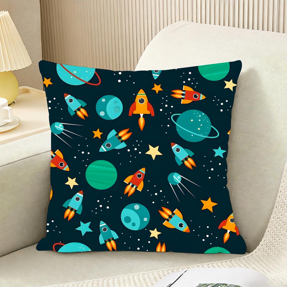 Outer Space Spaceship Astronaut Cushion Cover Reversible Plush Pillow Cover For Car Sofa Bedroom Decorative Gift Pillowcase