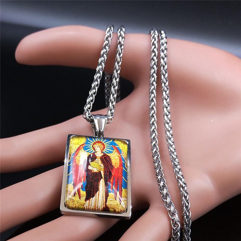 Archangel Saint Uriel Judaism Glass Stainless Steel Chain Necklace Silver Color Geometry Pendant Jewelry collier chaine NXS02