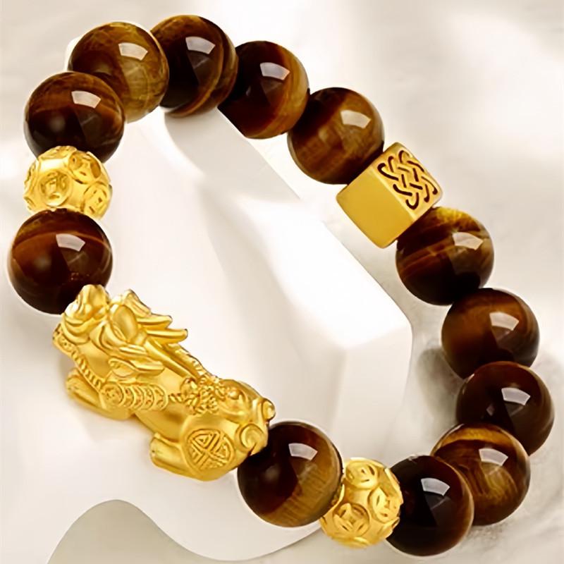 Gold-Plated Tiger Eye Pixiu Wealth Bracelet with Lucky Beads