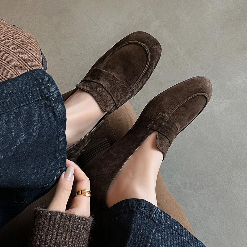 Comfort | 3cm British soft sheep anti-leather loafers women's thick heel one pedal round head gray middle heel beanie shoes