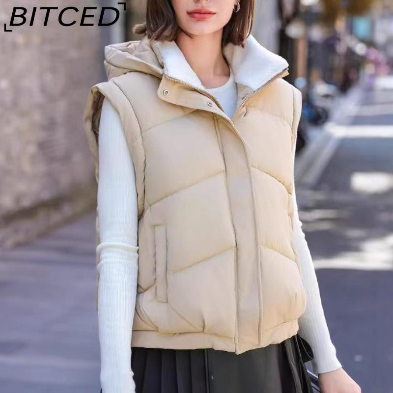 BITCED Lambswool Hooded Down-Filled Quilted Jacket for Women Winter Fashion Sweet Style with Detachable Sleeves Slimming Puffer Coat