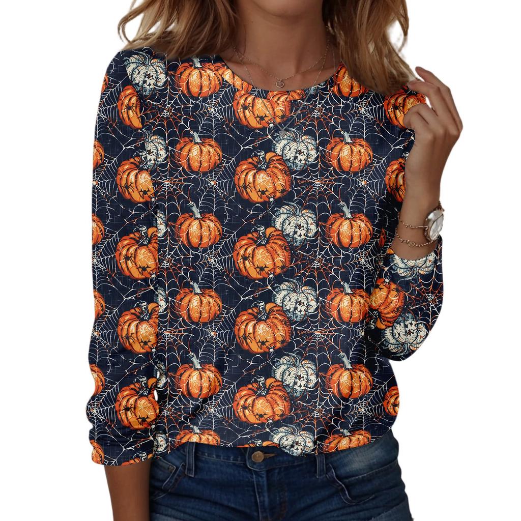 Women's Casual Long Sleeve Pullover Top Halloween Print Round Neck Shirt Lightweight Comfortable Fit for Daily Wear