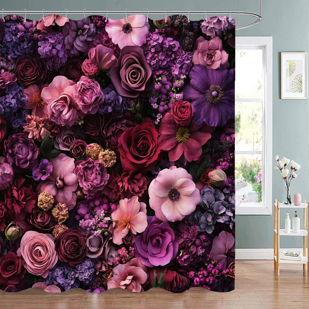 Rose Floral Flowers Wall Curtain Shower Curtain, Bathroom Decorative Shower Curtain, Waterproof Shower Curtain with Hooks