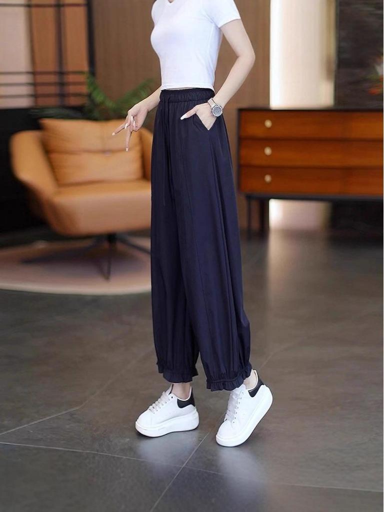 Plus Size Women's Ruffle Lace Ice Silk Lantern Pants - Korean Style, Breathable, Versatile Casual Nine-Point Pants for Spring/Summer