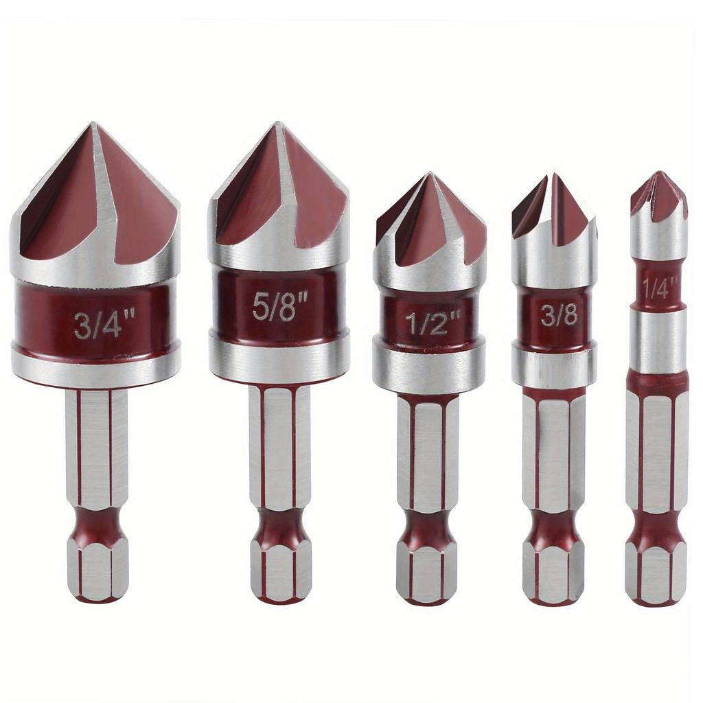 5pcs M35 Cobalt Countersink Drill Bit Set 5 Flute 82° 1/4" Hex Shank 1/4 3/8 1/2 5/8 with Holder Dispenser Strip for Metal Work