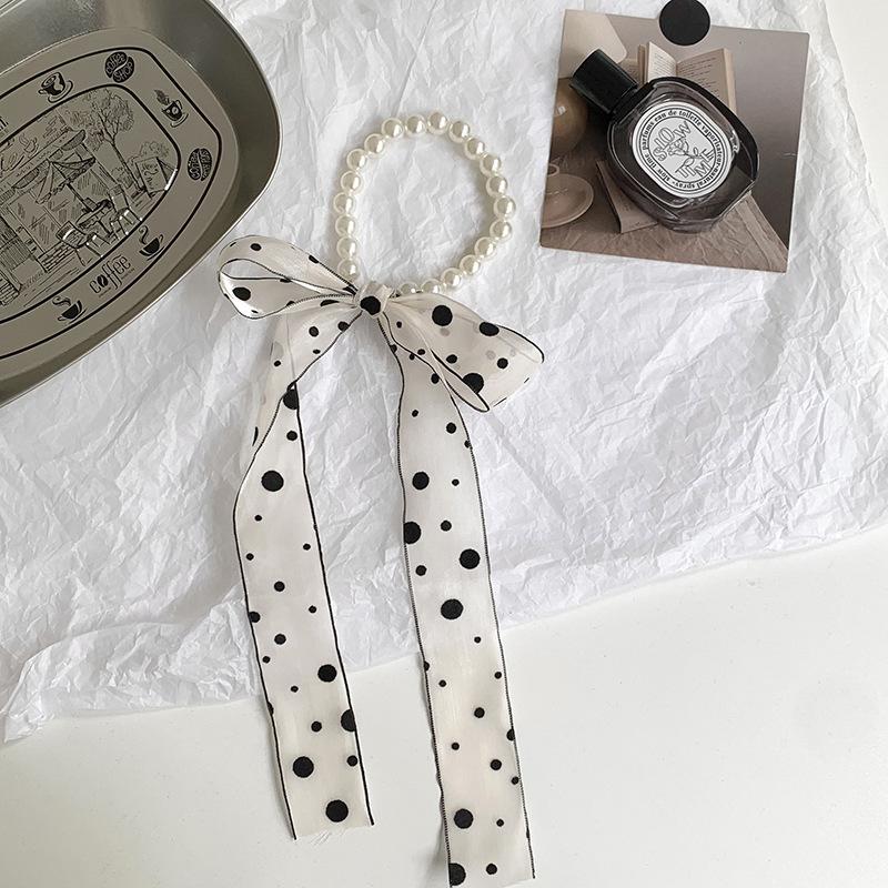 Pearl necklace new polka dot silk scarf high-end organza scarf hair accessories headgear bag ribbon streamer headband