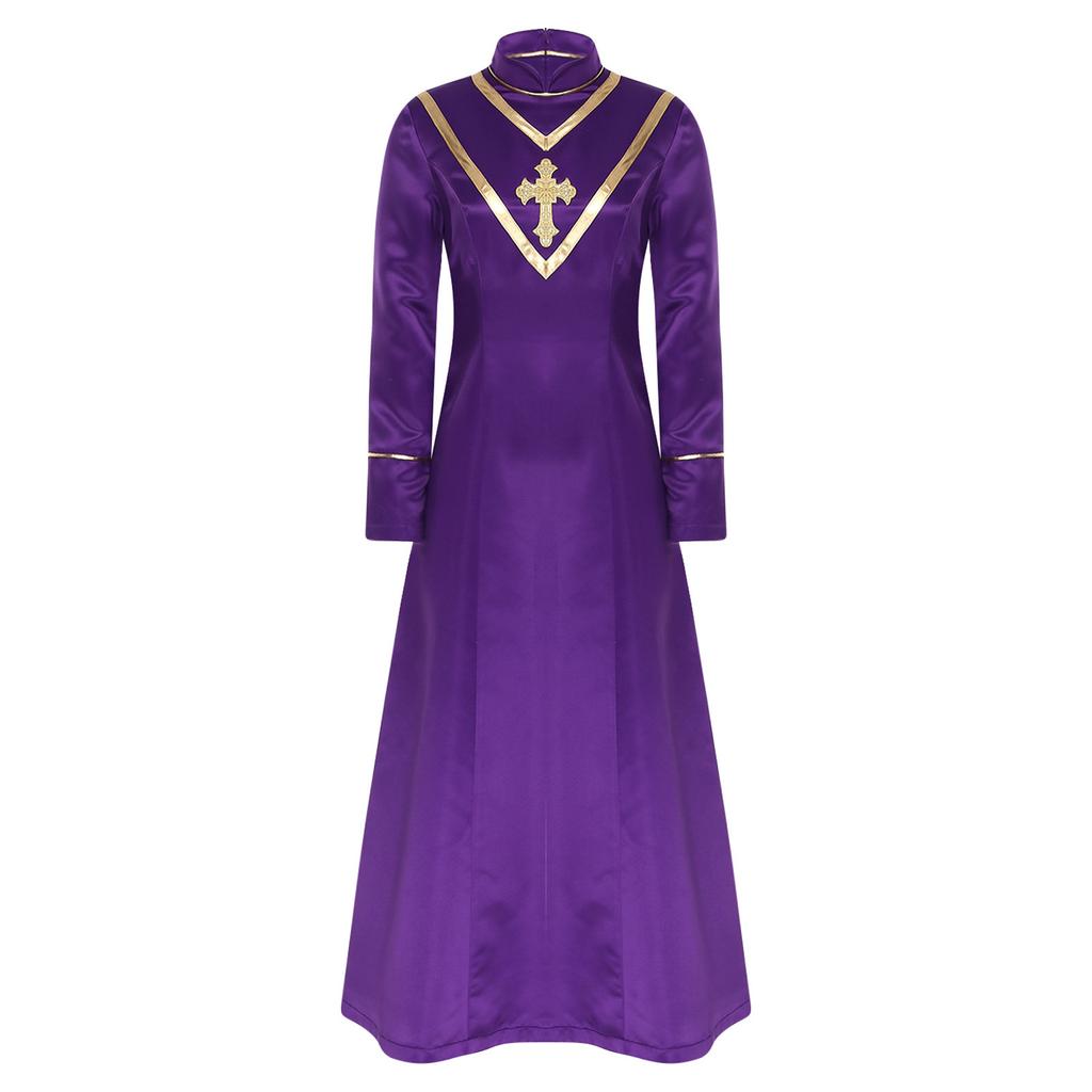 Tuniche da Sacerdote Clerico Ricamate con Croce Manica Lunga Zip Posteriore Lunga