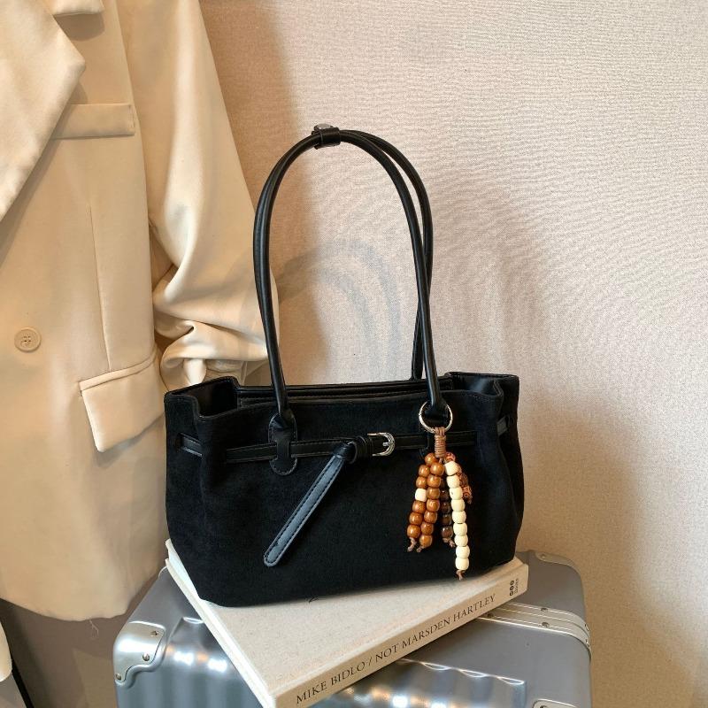 Vintage Solid Color Imitation Suede Women Shoulder Bag Pendant Buckle Decoration Large Capacity for Outings Commuting Stylish