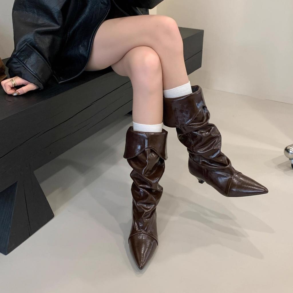 European and American Spice Girls Style Patent Leather Pointed Pleated Pile Boots Women's 2025 Autumn and Winter New Trendy Two Wear Low Heel High B