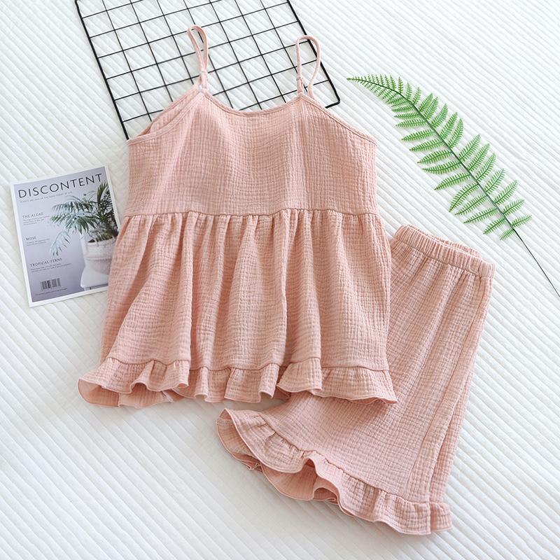 Letní nové dámské pyžamo dvoudílný set s hrudní vycpávkou podvazkové šortky 100% bavlna malé svěží sexy tenké domácí oblečení nadměrná velikost