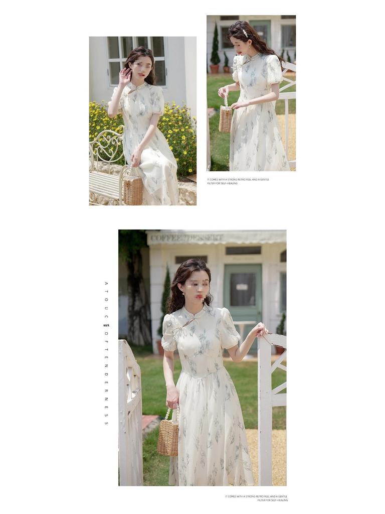 Women's Summer Qipao Dress: Chinese-Inspired Floral Print, Waist-Cinching, Puff Sleeves, Zipper, Mid-Length A-Line