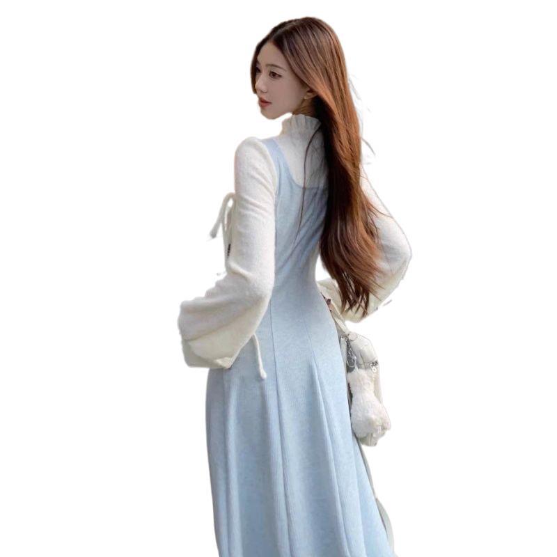 2026 Spring/Autumn Elegant French Style Faux Two-Piece Waist-Cinched Long Dress with Side Split