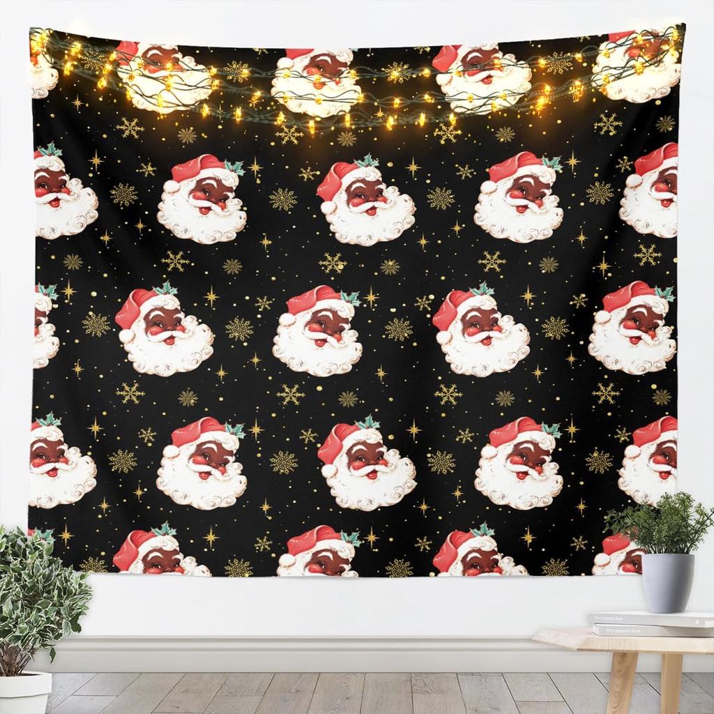 Black Santa Claus Tapestry Afro African American Wall Art Merry Christmas Wall Hanging Blanket for Living Room Bedroom Home