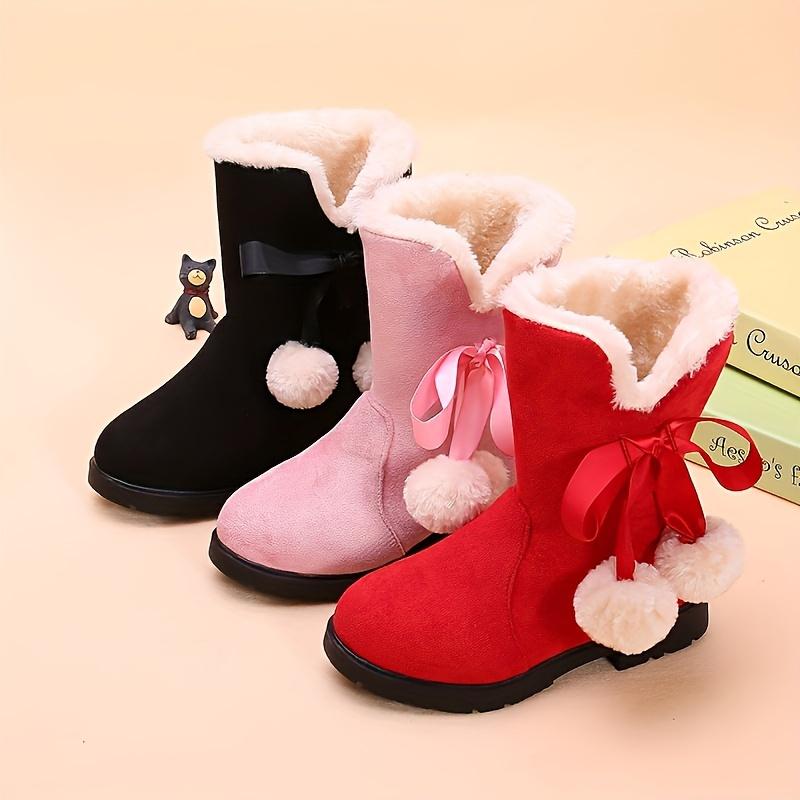 Girls Winter Snow Boots Fleece Lining Round Toe Striped Pattern Zipper Closure Ankle High PVC Sole Fabric Insole Random Style Pink Black Red