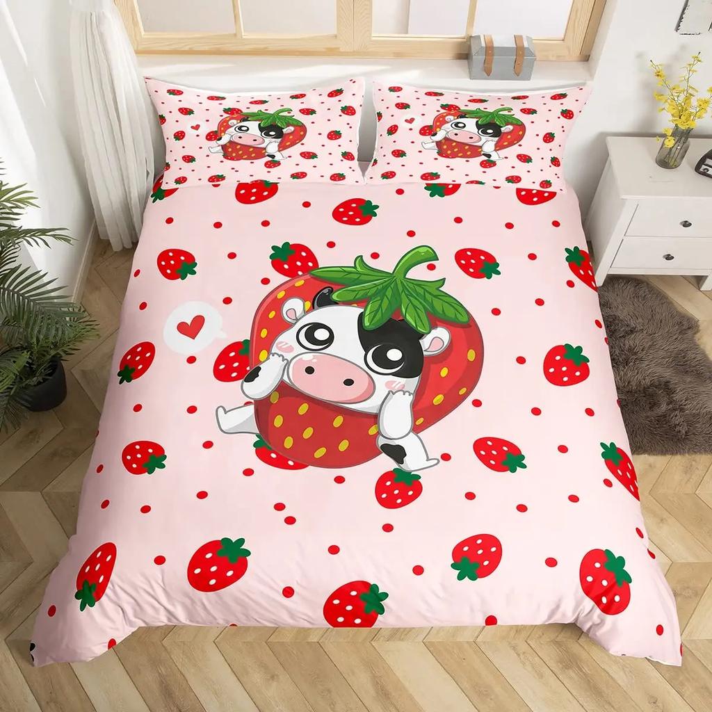 Sweet Strawberry Bedding Set Duvet Cover for Kids Children Teens Comforter Cover Bed Room Decor Pink Quilt Cover 3Pcs Full Size