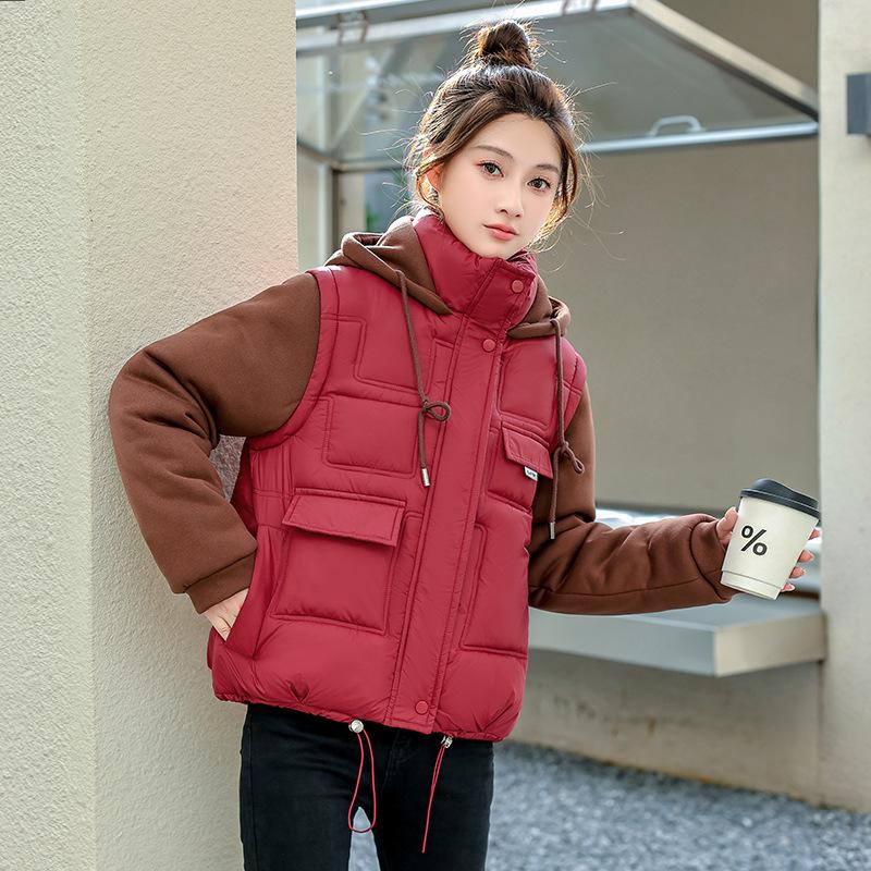 Fake Two Pieces Color Collision Lightweight Hooded Fluffy Warm Cold Loose Short Section of High-quality Fabric Casual Sports Jacket Cotton Jacket Coat