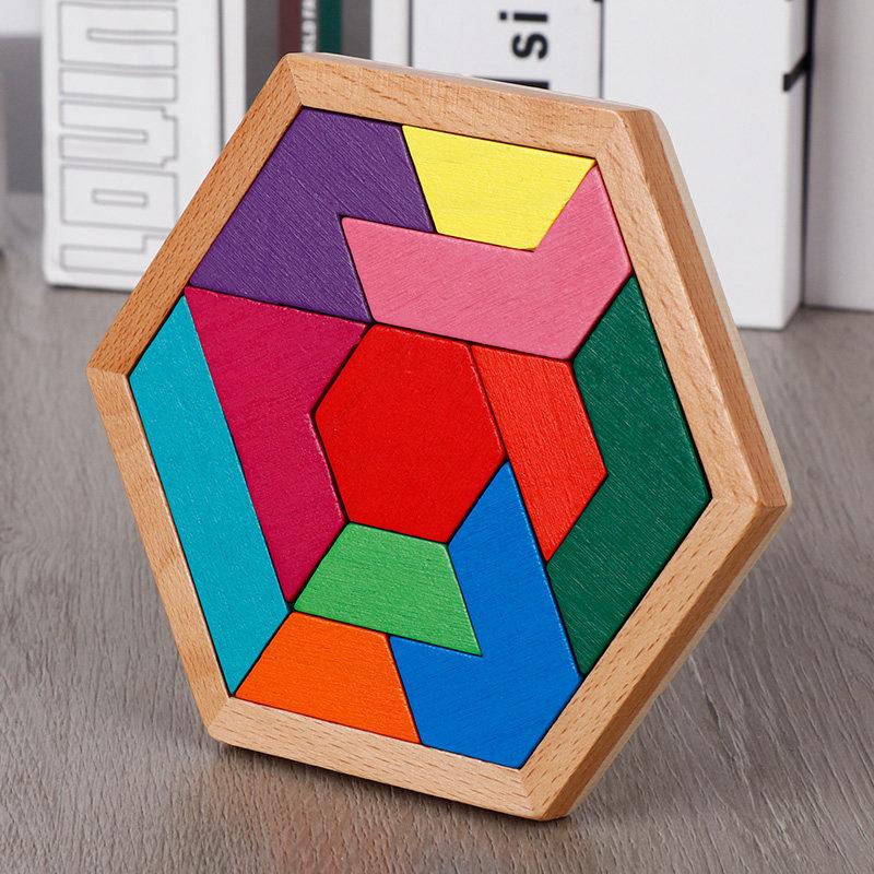 Hexagon Tangram Puzzle Wooden Jigsaw 7 Pieces for Children and Adults Challenging Brain Training Logic Toy Home Play