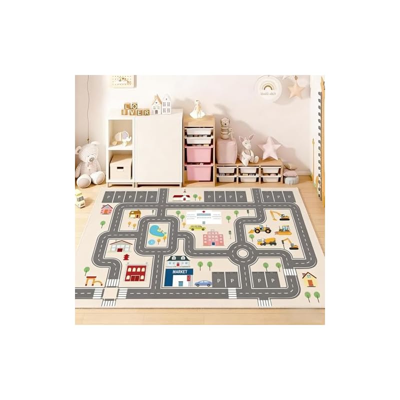 AIMECO Road Play Mat for Kids: A Play Mat Featuring Cars and Traffic Rules, Stain-resistant, with a Non-slip Backing. Thin, 120 X 160 Cm (approx. 1.2