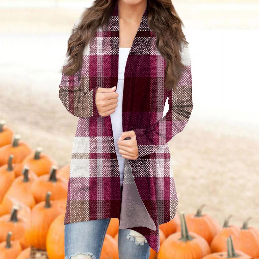 Women's Casual Fashion Plaid Print Half-open Collar Mid-length Irregular Hem Cardigan Jacket