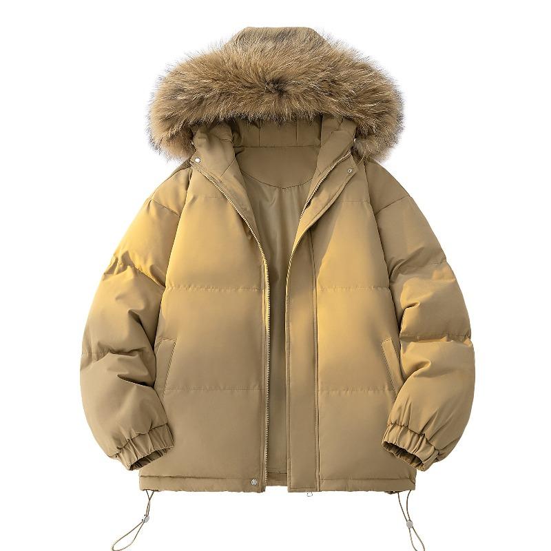 Cotton-padded Men's Winter Big Fur Collar Hooded Cotton, Loose Bread Clothes, Drawstring Hem Cold-proof Cotton Clothes