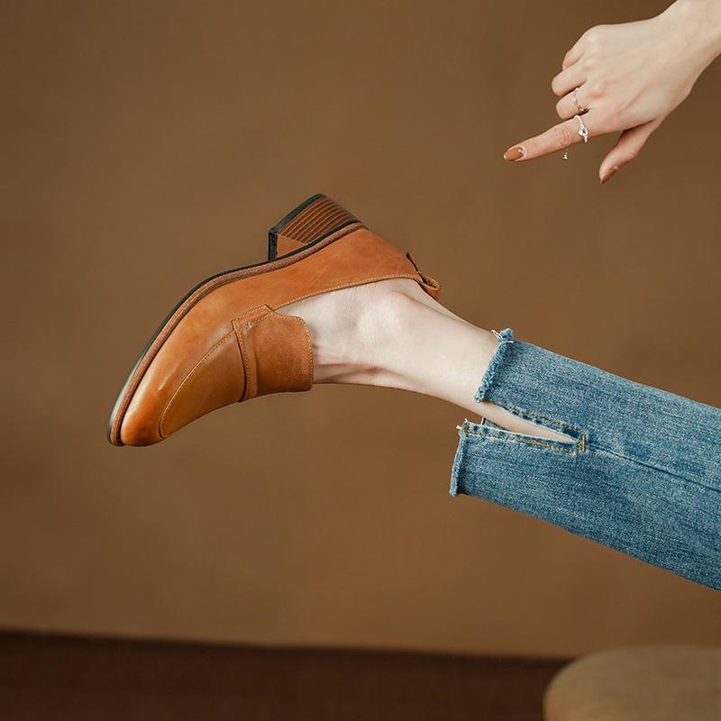 Fashion 2024 NEW Spring Women Shoes Med Heels Genuine Leather Loafers Chunky Heel Pumps Retro Slip-on Black Shoes Women Ladies Shoes