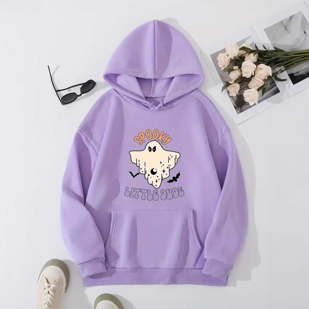 Ladies Spring Autumn Casual Sports Hooded Long Sleeve Big Pocket Halloween Ghost Printed Pullover Hoodies Sweatshirt Top