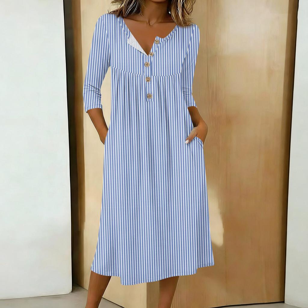 Women's Fashionable Color Printed Round Neck 3/4 Sleeve Button Collar Mid Length Casual Dress