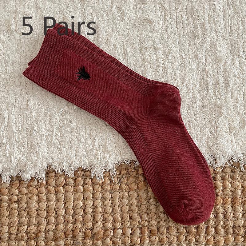

5 пар осенне-зимних новых шерстяных носков с вышивкой пчелы Анкора красные легкие роскошные носки до середины голени 5 pairs темно-красного
