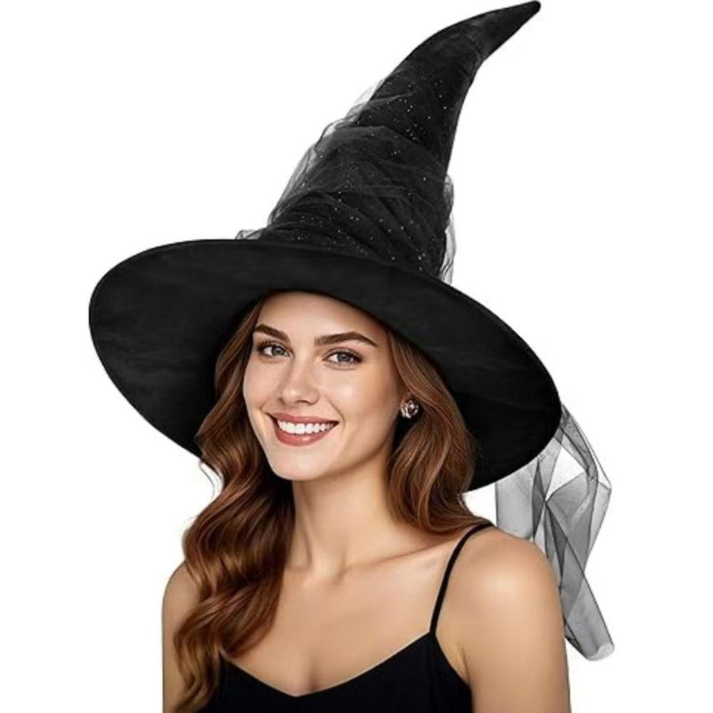 Mesh Yarn Cover Halloween Witch Hat With Veil Masquerade Cap Cosplay Accessories Masquerade Ball