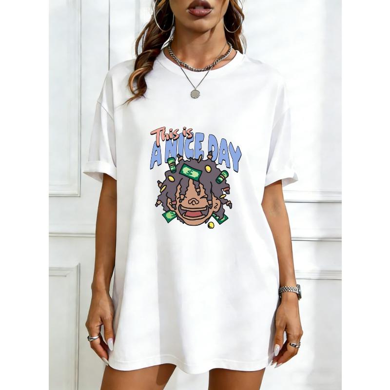 

Oversized T Shirt Black This Is A Nice Day Cartoon Character With Money Print Casual Streetwear For Women XXXXL білий
