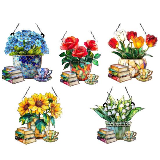 Floral Tea Cup And Book Suncatcher Stained Glass Effect Window Car Hanging Ornament Acrylic Garden Sun Catcher Panel for Women Mom Grandma