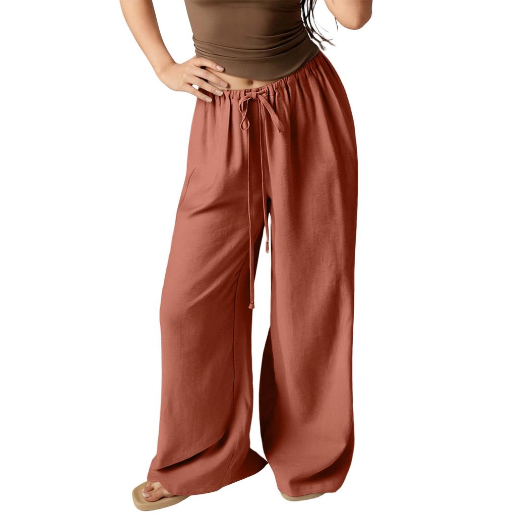 Women's Loose Wide-Leg Pants Casual Loose Cotton Linen Pants With Drawstring No Pocket