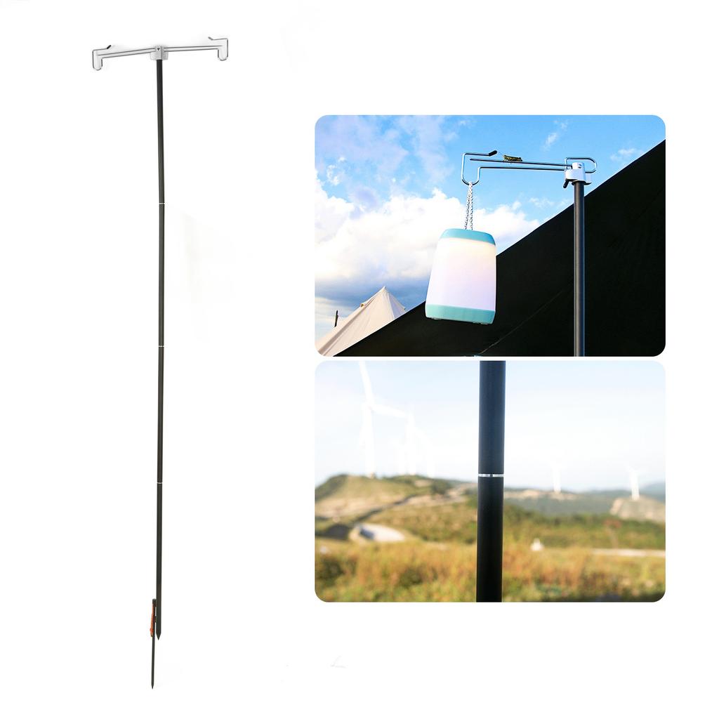 Light Hanging Pole with Foldable Double Hooks Ground Spike Light Stand for Outdoor Camping