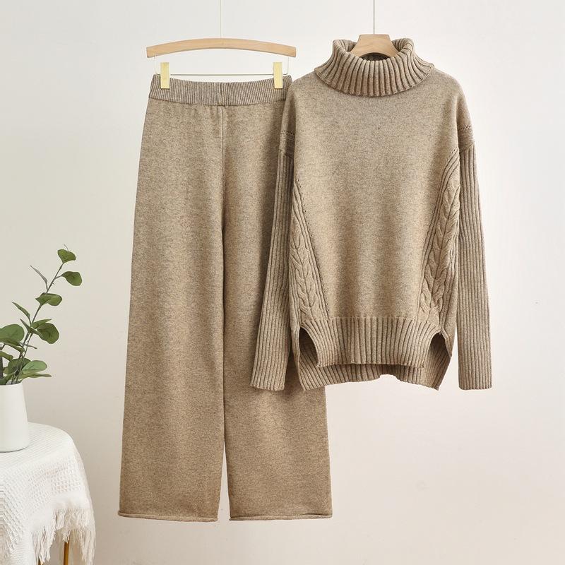 Women's 2-Piece Turtleneck Knit Sweater and Coat Set Casual Loose Wide-Leg Pants Elastic Waist Outfit