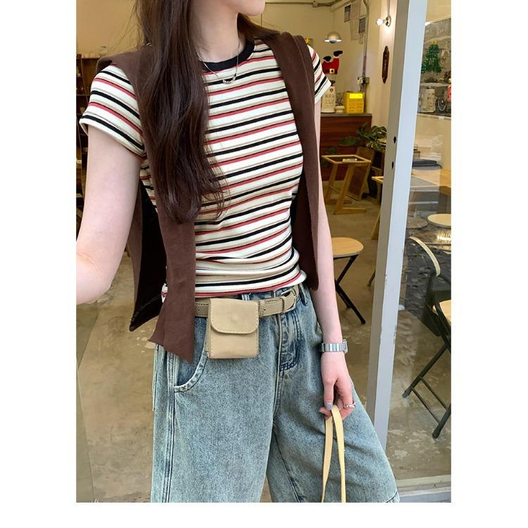 Contrasting striped babes front shoulder short-sleeved T-shirt women's summer design sense niche chic Korean slim-fit short top