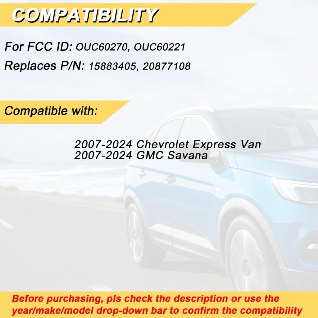Key Fob Replacement for 2007-2024 Chevrolet Express Van & GMC Savana Car Keyless Entry Remote Control, OUC60270 OUC60221, 4 Btn