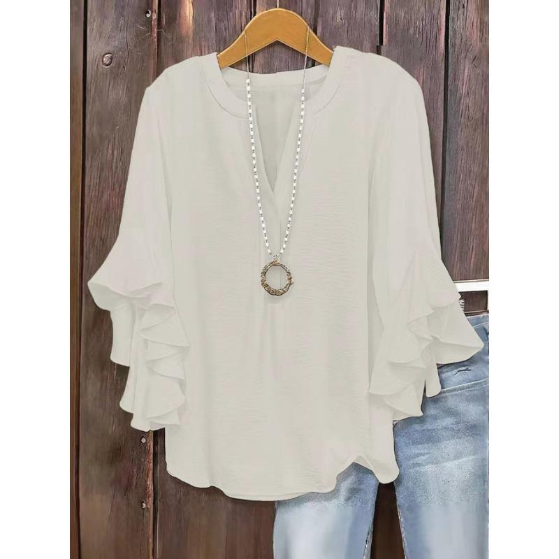Fashion V-neck Loose Women Blouse Casual Plus Size Ruffled Seven Quarter Sleeve Shirt Spring Autumn Solid Color Sweet Simple Sweet Women's Clothing