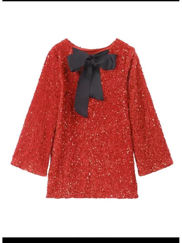 

2024 Spring Women s Sequin Round Neck Long Sleeve Loose Fit Short Dress XXXL червоний