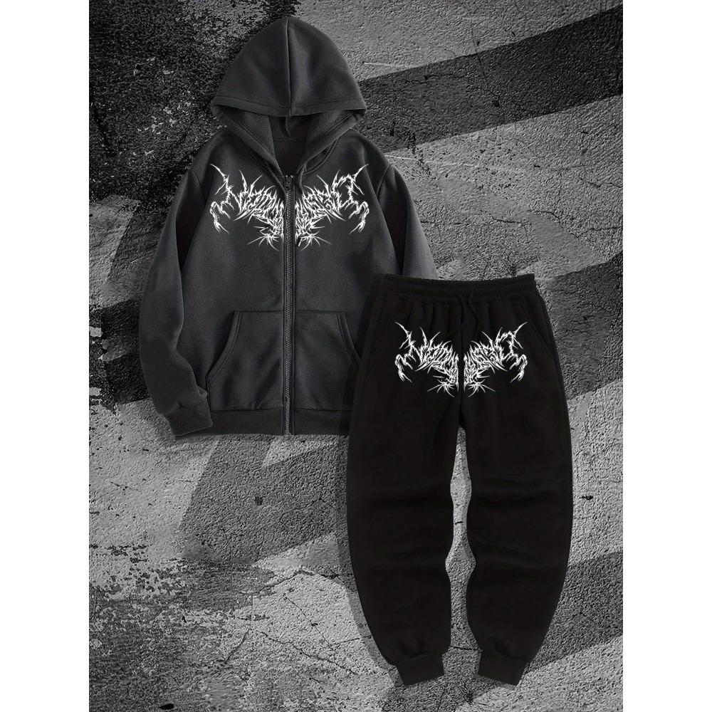 Trendy Men's Set, Gothic Dark Printed Men's Zipper Hoodie and Running Pants Two Piece Set