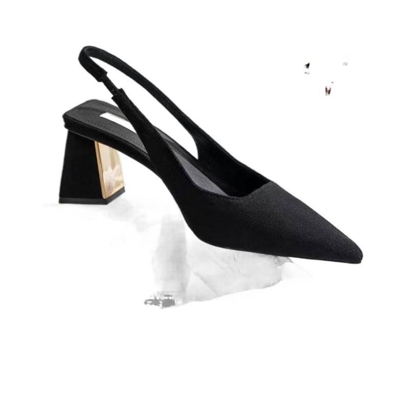Baotou sandals summer suede shoes high heels sandals pointed back strap black new middle heel single shoes light mouth fashion