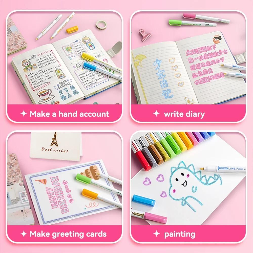 8-24 Colors Double Line Outline Art Pen Marker Pen DIY Graffiti Outline Marker Pen Highlighter Scrapbook Diary Poster Card Gift