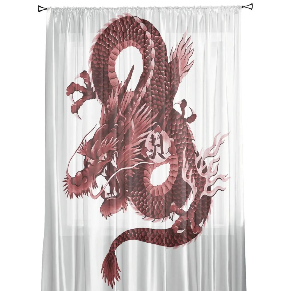 Asian Red Angry Dragon Chiffon Sheer Curtains for Living Room Bedroom Home Decoration Window Voiles Tulle Drapes Curtain