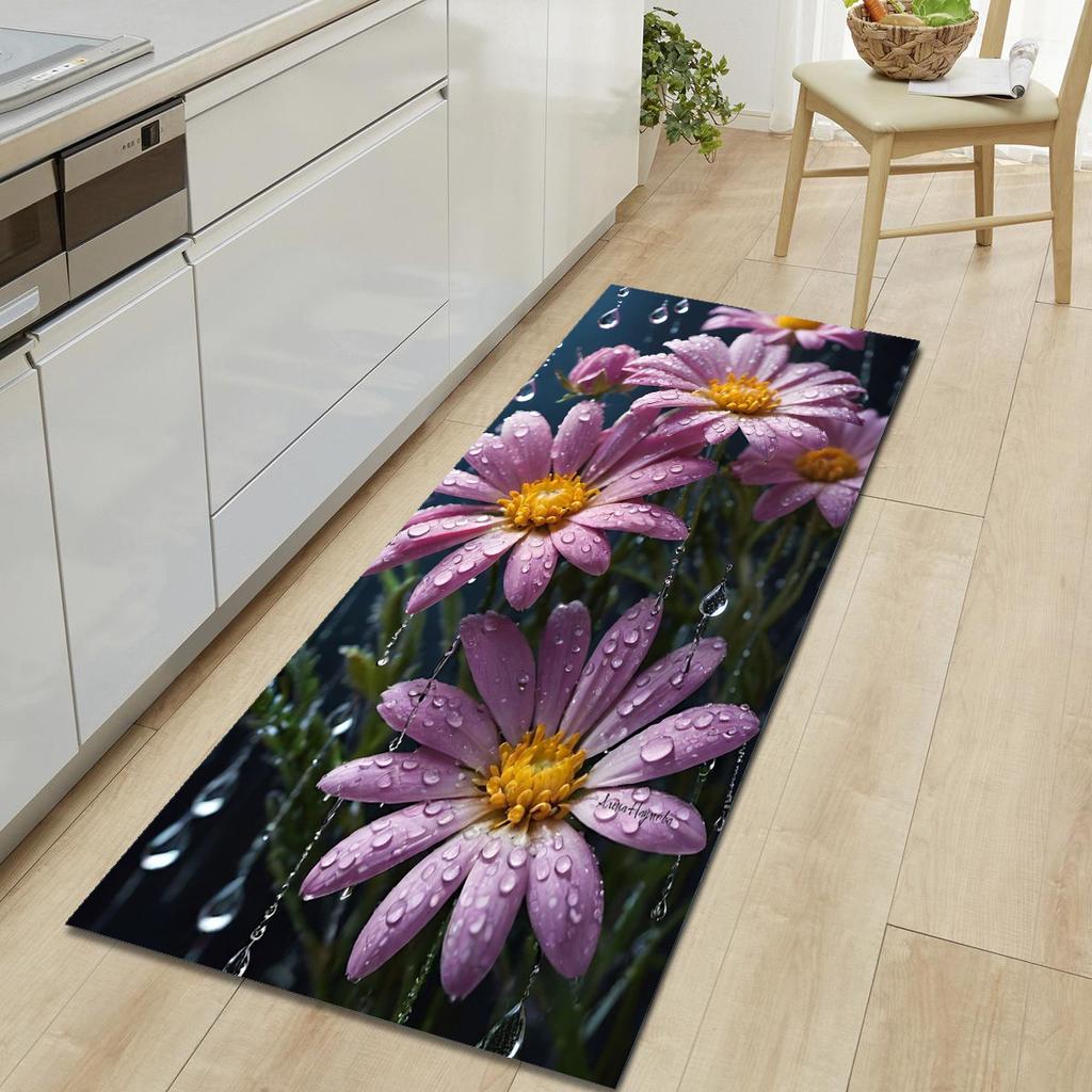 1Pcs Lotus Pattern Floor Mat Modern Kitchen Polyester Rug Non-Slip Colorful Indoor Carpet, For Home Bathroom Bedroom Living Room Decor