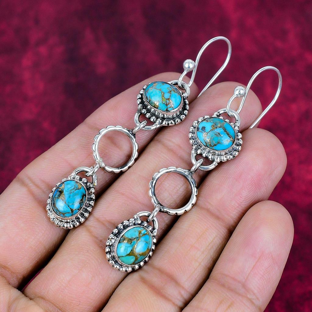 Blå Kopparturkoser Handgjorda Ädelstensörhängen, 925 Äkta Sterlingsilverörhängen Antika Smycken, För Förlovningspresent